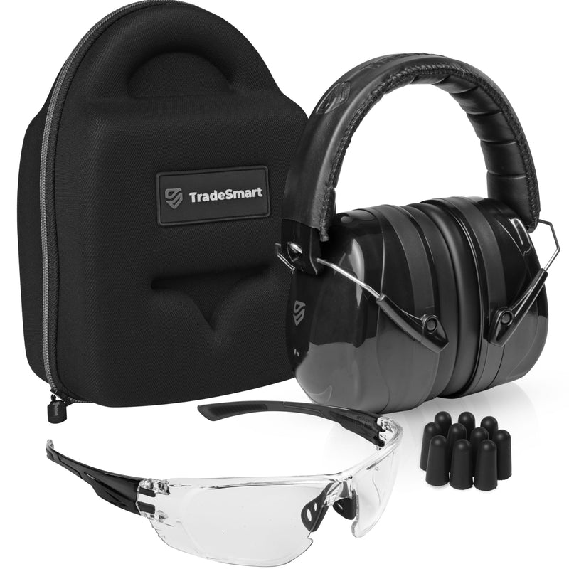TradeSmart All-in-One Shooting Ear Protection - Comfort+ NRR 28 Earmuffs, Glasses & Earplugs + Carry Case Clear Glasses - Grey