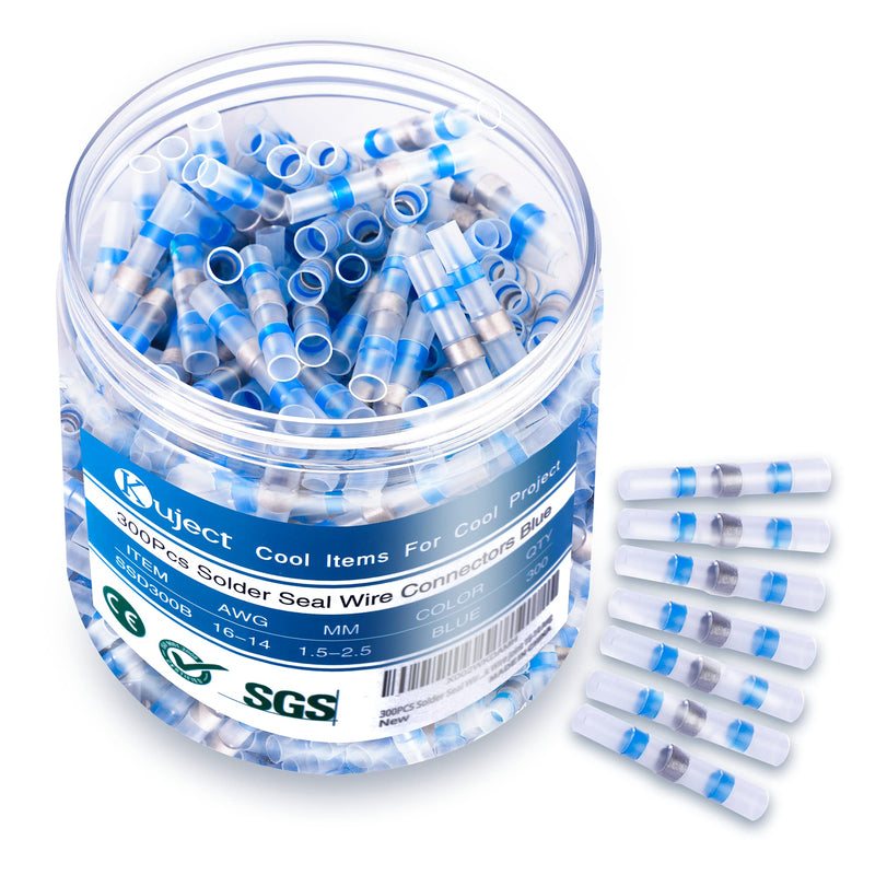 Kuject 300PCS Blue Solder Seal Wire Connectors, Waterproof Self Solder Heat Shrink Butt Connector Solder Sleeve Electrical Butt Splice for Automotive Marine Boat Trailer Truck 16-14 Awg 300