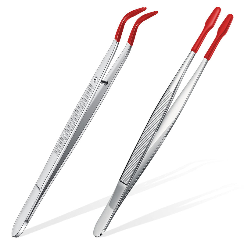 2 Pieces Tweezers with Rubber Tips Set PVC Rubber Coated Tips Bent and Straight Flat Tip Tweezers Stamp Coins Jewelry Hobby Crafts Industrial Electronic Tweezers Tools (Silver, Red) Silver, Red