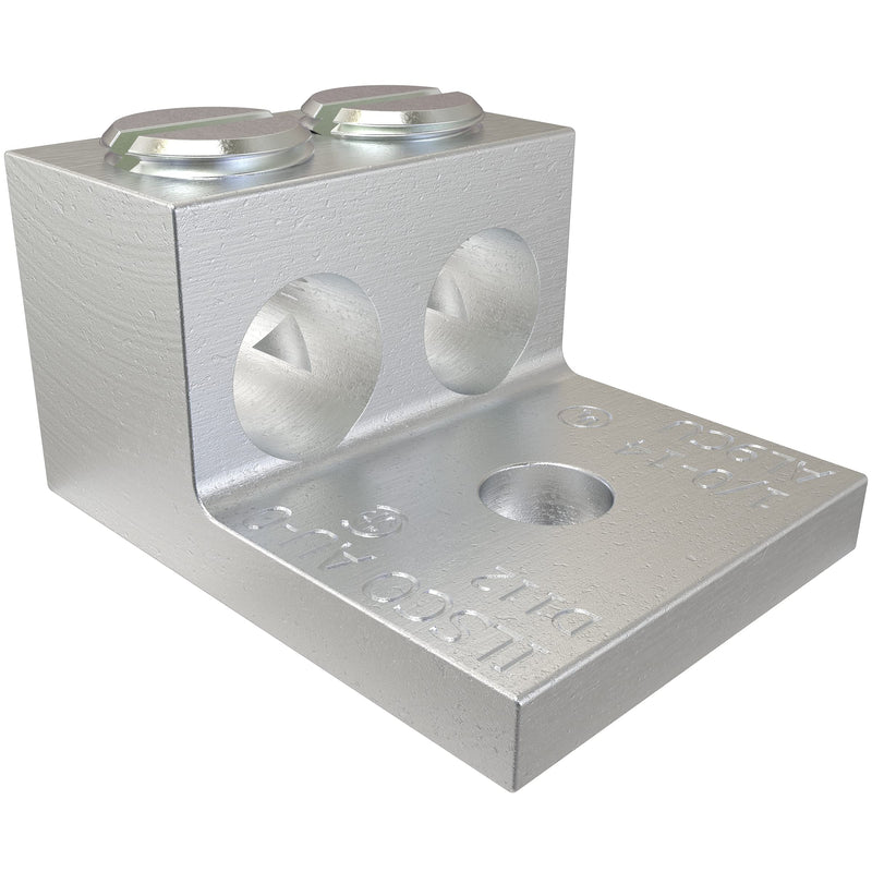 ILSCO AU-0-EC Aluminum Mechanical Lug, Double Barrel, Conductor Range 1/0-14, 2 Ports, 1 Hole, 1/4in Bolt Size, Tin Plated, UL, CSA