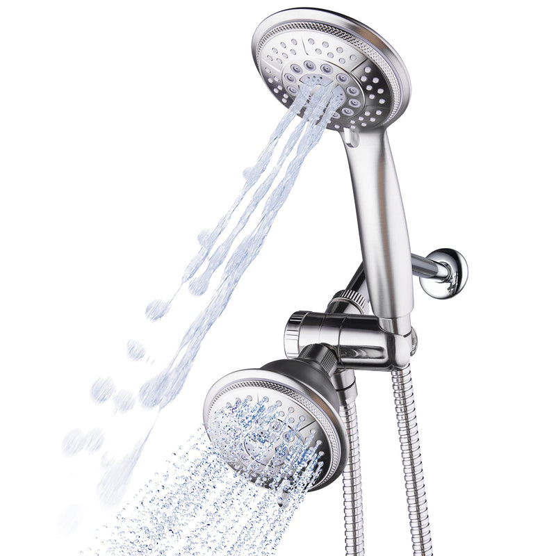 1733 Handheld Showerhead & Rain Shower Combo. High Pressure 24 Function 4" Face Dual 2 in 1 Shower Head System with Stainless Steel Hose, Patented 3-way Water Diverter in Nickel Finish 2.5 Gallon Per Minute Brushed Nickel