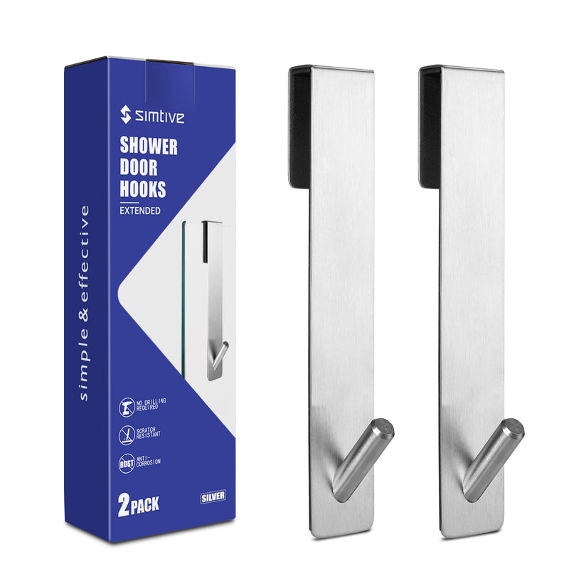Simtive Extended (7-Inch) Over Door Hooks for Bathroom Frameless Glass Shower Door, Towel Hooks, 2-Pack, Silver 7 In-2 Pack