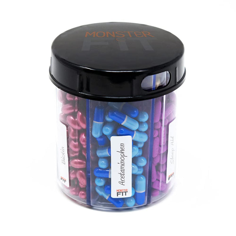 Monster Jr Supplement Pill Dispenser - Holds Small Medium Medication Vitamins and Easily Dispense from One Container Includes Compartment Labels ( 1 Pack) Monster Jr - 1 Pack