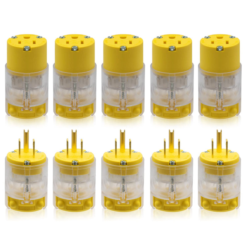 ELEGRP Lighted Straight Blade Electrical Plug and Connector Set 15 Amp 125 Volt NEMA 5-15P NEMA 5-15R 2 Pole 3 Wire Grounding, Commercial Grade, Yellow, 5 Set Plug & Connector Set