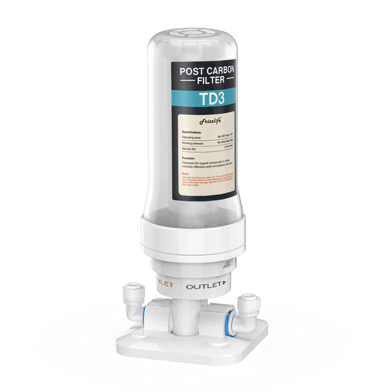 Frizzlife TD-3 Inline Water Filter, Fast Replacement Post Water Filter Removes Chlorine, VOCs & Odor, Adjust Taste, 1/4" and 3/8" Quick Connect