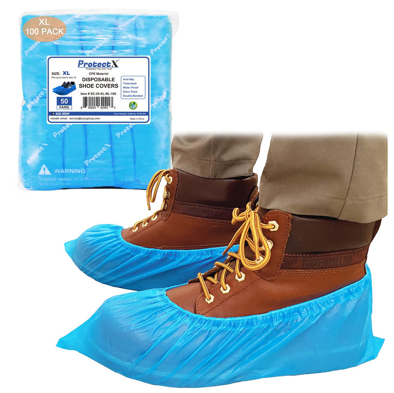 ProtectX Disposable Shoe & Boot Covers, XL Extra Large, 100-pack (50 pairs), Waterproof, Slip Resistant, Durable CPE plastic, Fits up to Men’s 14 US Size and All Women’s US Size Shoes CPE X-Large 100PK