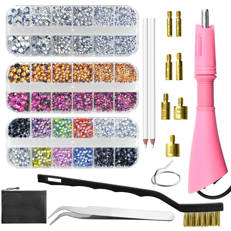 XINMEIWEN Bedazzler Kit with Rhinestones,Hot Fix Applicator Tool, Diamond Painting Pen, 7 Different Sizes Tips,Tweezers and Brush Cleaning Kit for DIY Clothes Shoes (Pink) 3Pack PINK