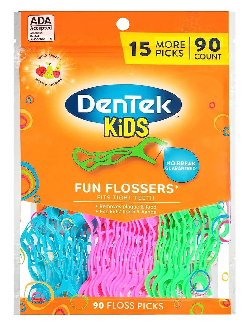 DenTek Kids Fun Flossers, Floss Picks, Removes Food & Plaque, 90 Count Wild Fruit 90 Count (Pack of 1)