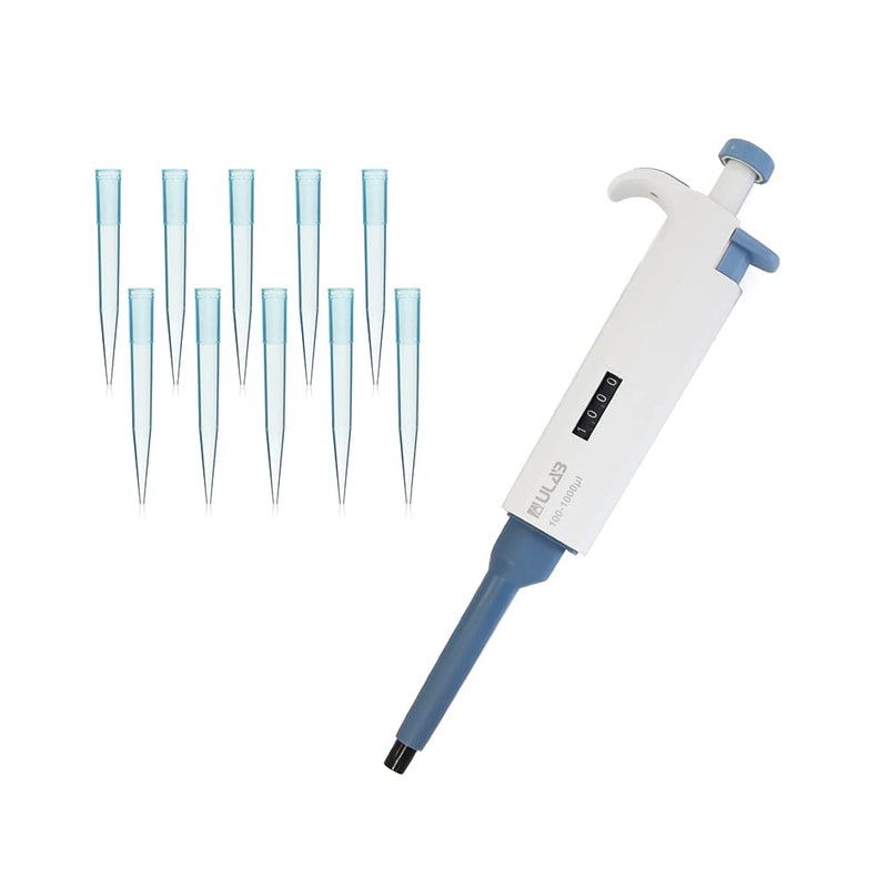 ULAB Single Channel Pipettor with Pipette Tips Offered, 1pc of Adjustable Volume Micro Pipette with Vol.Range.100-1000μl, 500pcs of Vol.1000μl Pipette Tips in Blue Color, ULH1021 100-1000μl & 500 Tips