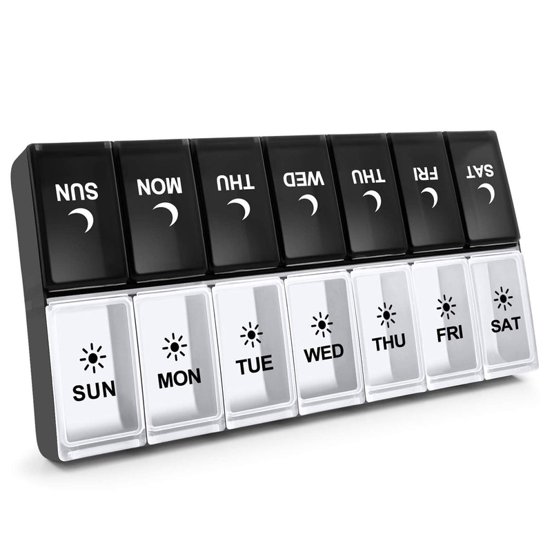 7 Day Pill Organizer 2 Times a Day, Large Weekly AM PM Pill Box, Day Night Medicine Organizer, Pill Case Twice A Day, Pill Container Black and White