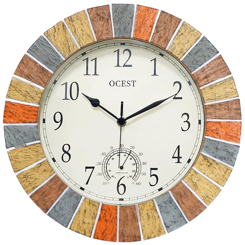 OCEST 13 Inch Indoor Outdoor Clock Waterproof with Thermometer, Weather-Resistant Non-Ticking Battery Operated Decor Clock for Patio, Pool, Lanai, Fence, Porch, Garden (Yellow) Yellow