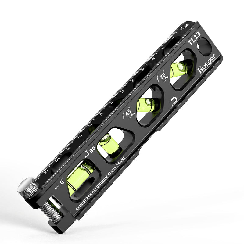 Huepar Torpedo Level, Magnetic Conduit Level with 4 Vials, 6.2 inch Aluminum Alloy Construction Spirit Level with V-Groove and Magnet Track, High Precision Bubble Level, Double Scale, Thumb Screw-TL13