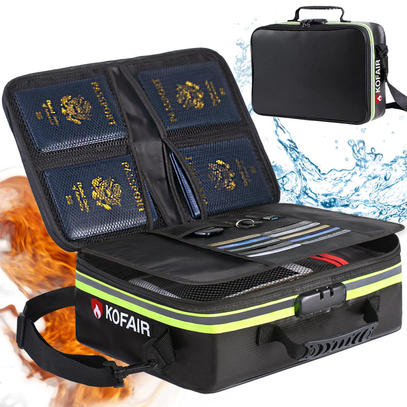 Fireproof Document Bag (16 x 11 x 5 inch) with Lock & Reflective Strip, Fireproof Document Lock Box with Shoulder Strap, Multi-Layer Important Document Safe Storage, Fire Safe File Organizer X-Large Fireproof Bag
