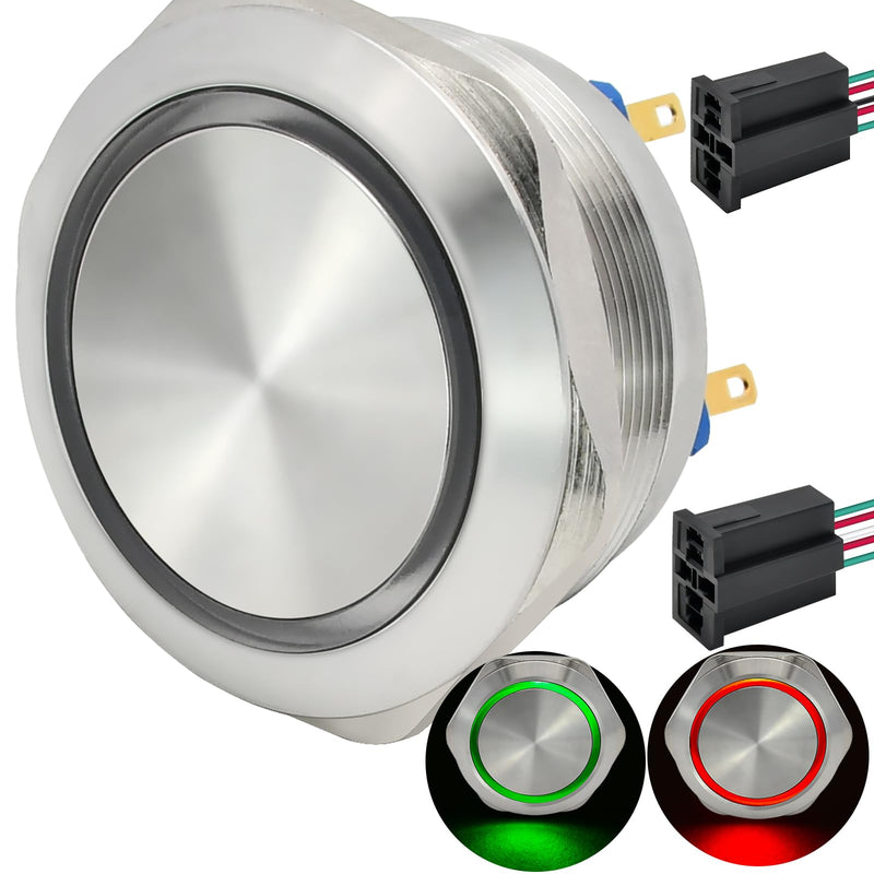 40mm 1.57" Momentary Big Push Button Switch 2 Color Light Red and Green 12VDC/AC Stainless Steel 316 Waterproof IP67 DPDT with Wire (Volts, 12) 12.0 Volts