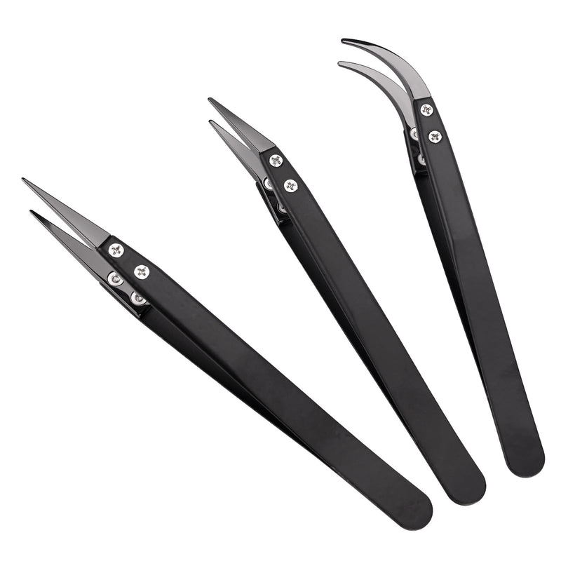 MMOBIEL 3Pcs Set Ceramic Tip Soldering Tweezers Heat Resistant 1600 C/3000 F for Electronics Repair, Jewelry, Computer, Laboratory Soldering Work etc. - Black 3x Black Tip