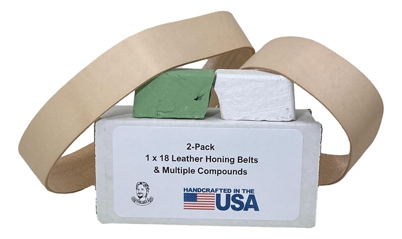 Leatherbeltman 2 Pack of 1" x 18" Leather Strop Honing Belts - Green and White Compounds Included