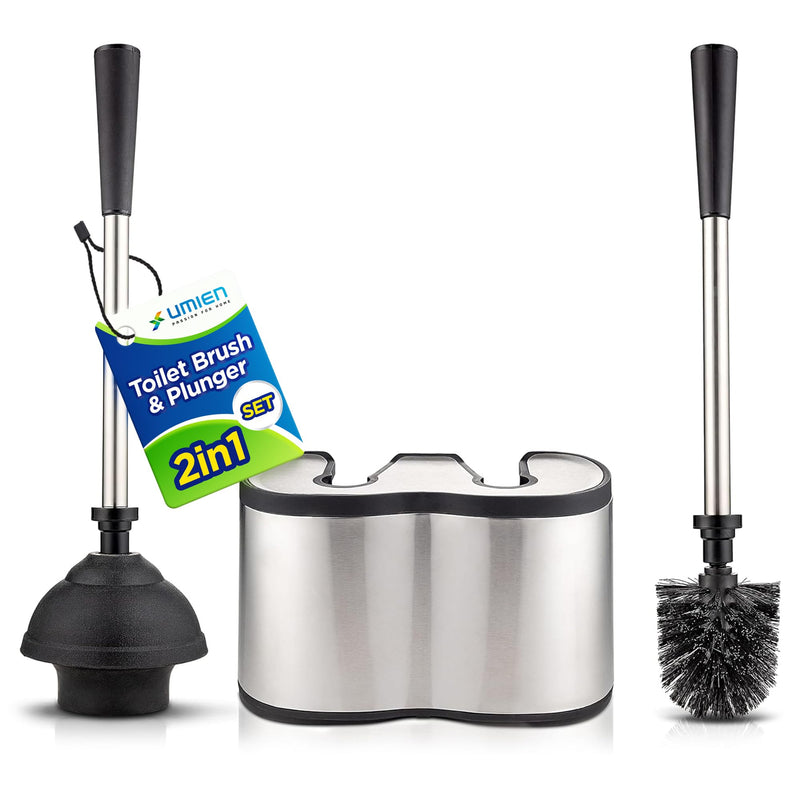 UMIEN Toilet Brush and Plunger Set 18-in - Updated 2025 No-Rust - Stainless Steel Design - Long Handles - with Freestanding Canister Satin Nickel 1 pack