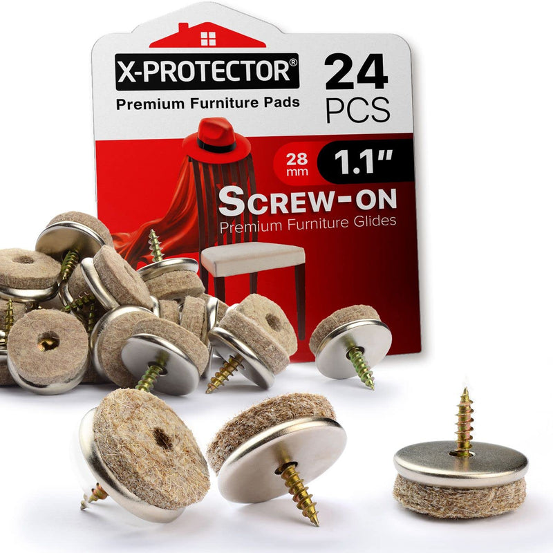 Screw-On Felt Pads X-Protector – 24 Felt Chair Pads for Hardwood Floors 1.1" – Premium Chair Glides – Beige Floor Protectors for Furniture Legs – The Best Furniture Sliders for Hardwood Floors 24pcs 28mm (felt, screw)