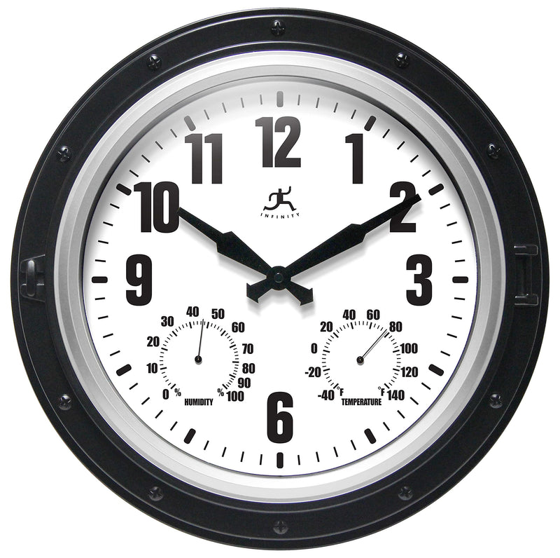 Infinity Instruments Forecaster Indoor/Outdoor Wall Clock, Thermometer, Hygrometer Combo, Stylish Durable Waterproof Weather Station for Your Home, 16 Inch, Black Black & Silver