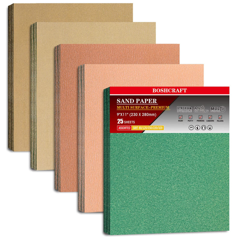 25 PCS Sandpaper, Sandpaper Assortment Sandpaper for Wood Metal Furniture Hand Sander Sand Paper 80/120/150/220/320 Grit Sandpaper Sheets Cut for Use 9" x 11" 25 Pcs Variety Grit