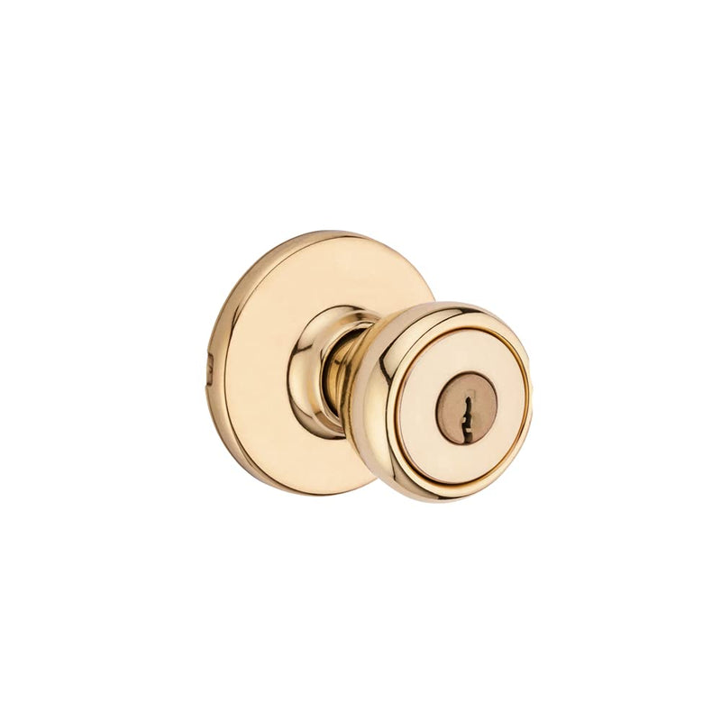Kwikset Tylo Entry Door Knob with Lock and Key, Secure Keyed Handle Exterior Doorlock, Doorknob For Front Entrance and Bedrooms in Polished Brass