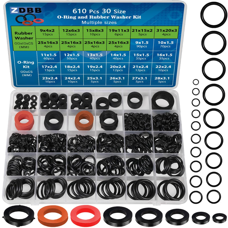7 Size Water Hose Gasket and 20 Size O Ring Rubber Washer Assortment Kit 610 Pcs Nitrile Washers Set for Plumbing Faucet Pipe Hose Shower Head Pressure Washer Sealing Repair OD 9-31MM Rubber Washers and O Ring 610 Pc