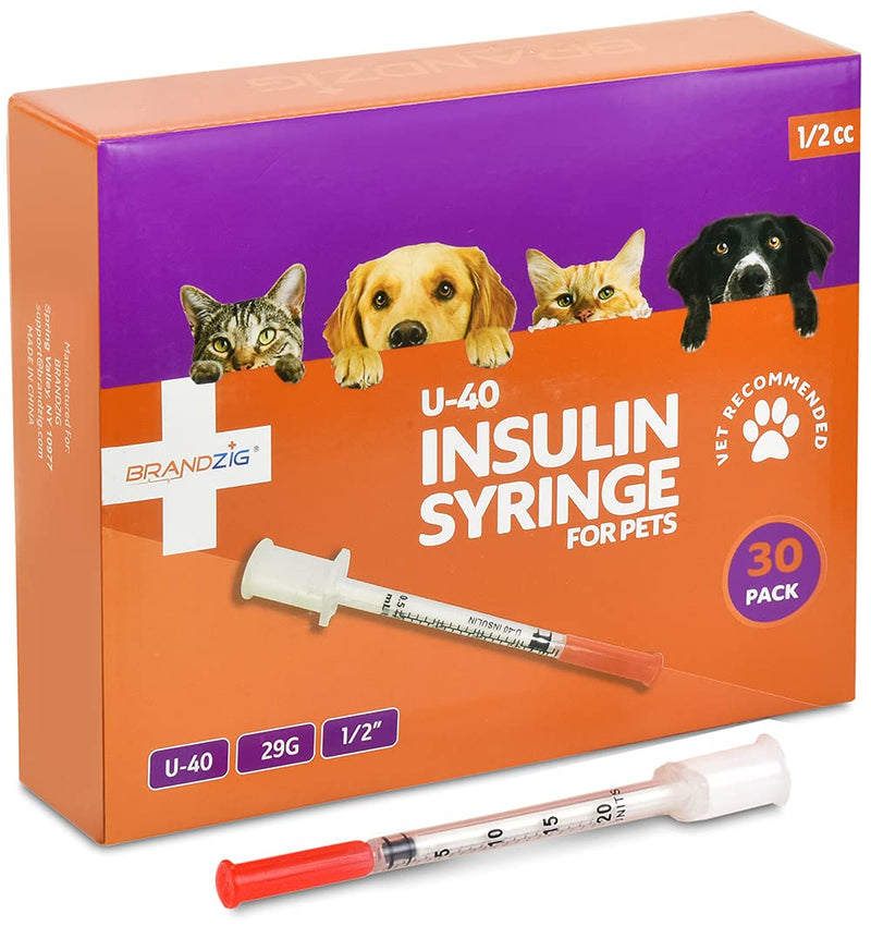 Brandzig U-40 Pet Insulin Syringes 29G 1/2cc, 1/2" 30-Pack