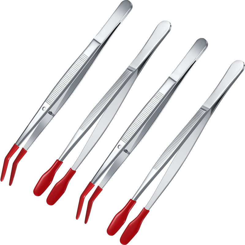 Honoson 4 Pieces Rubber Tipped Tweezers PVC Silicone Tip Tweezers Coated Flat and Bent Tip Forceps for Lab Industrial Jewelry Craft Coin Stamp Tongs(Red) Red