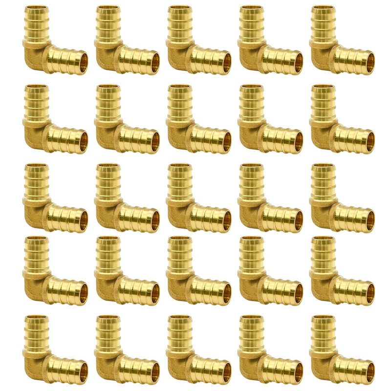 25/50/100 Pack PEX Fittings, 1/2" Fittings/ 3/4" Fittings, PEX Elbow/Tee/Straight Coupling Fittings, Brass PEX Fittings for PEX Tubing Pipe (1/2" Elbow, 25) 25 × 1/2" Elbow