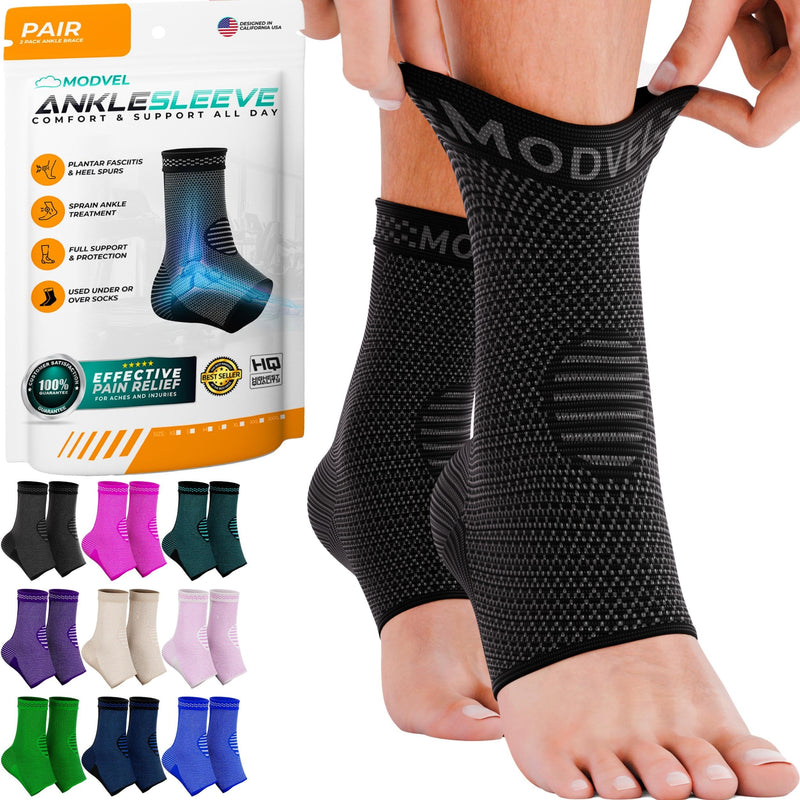 Modvel Foot & Ankle Brace Socks for Sprained Ankle Compression Sleeve - Plantar Fasciitis Relief Brace, Foot Support for Women & Men - Tendonitis & Arthritis Foot Sleeve, Stabilizing Ankle Wrap Medium A Black 2