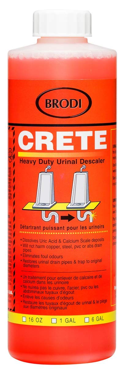 Crete (16 oz Bottle) Professional Urinal Descaler & Deodorizer. Restores urinal drains to their original working diameter, resolving slow-running issues and eliminating the source of odors.