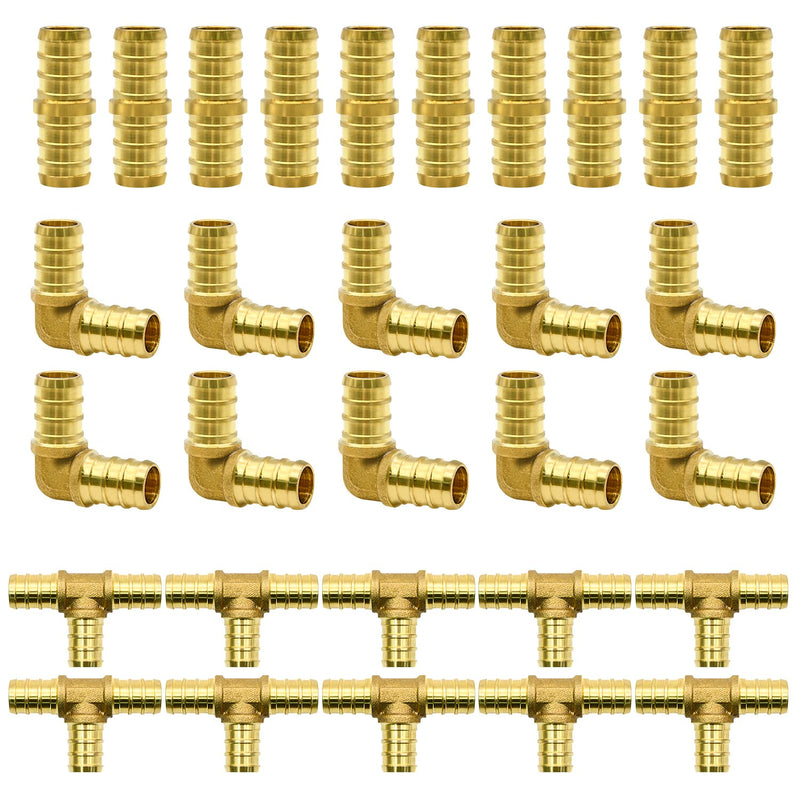 30/45/90pcs 1/2" PEX Fittings, Elbow TEE Straight Couplings Set, PEX Brass Crimp Fitting Combo with Tees, Elbows, Straights (1/2", 30pcs) 1/2"-30pcs