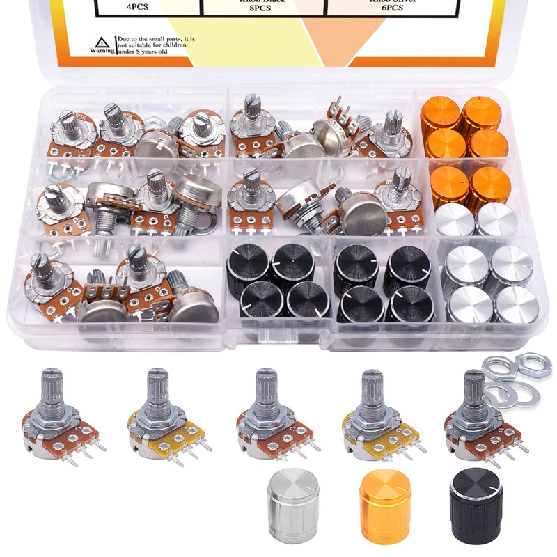 Taiss 80PCS Potentiometer Kit,WH148 B5K 10K 20K 50K 100K Ohm Single Linear Taper Rotary Audio B Type Potentiometers with Rotary knobs and Nuts, Washers