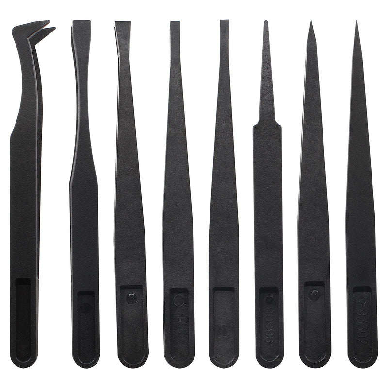 8Pcs Precision Plastic Tweezers, 4.5-4.8 Inch Anti-Static Tweezers Set with Curved and Straight Tips for Electronics Assembly, Watch Repair, Crafts Making (114-123mm, Black) 8