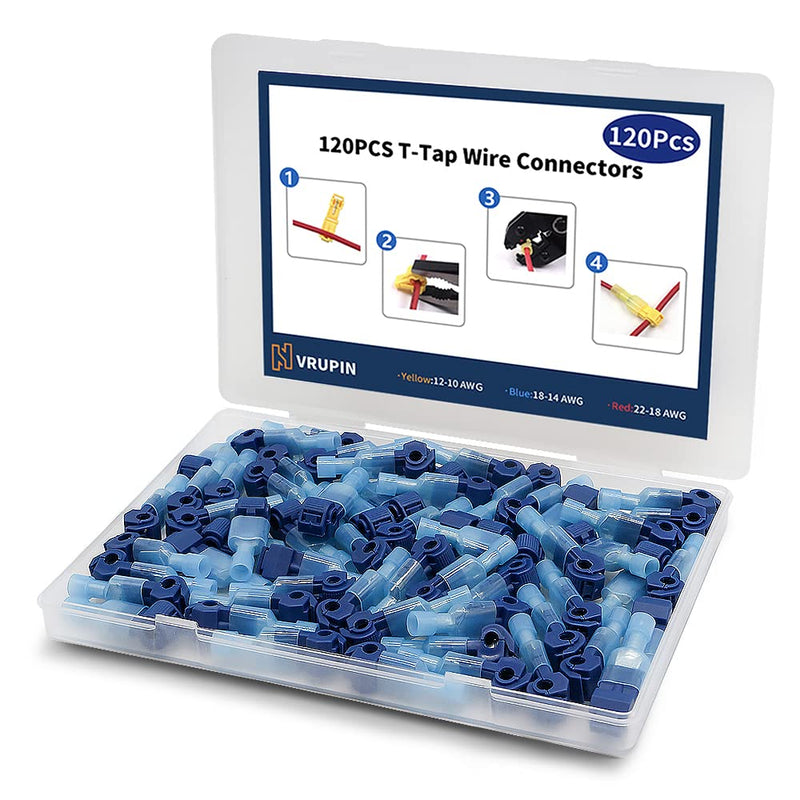 Vrupin 120 PCS T Tap Wire Connectors - Blue 18-14AWG Waterproof Wire Tap Connectors, T Taps for Wiring Automotive, Self Stripping Quick T Splice Electrical Wire Connectors Terminals Kit. Blue 120