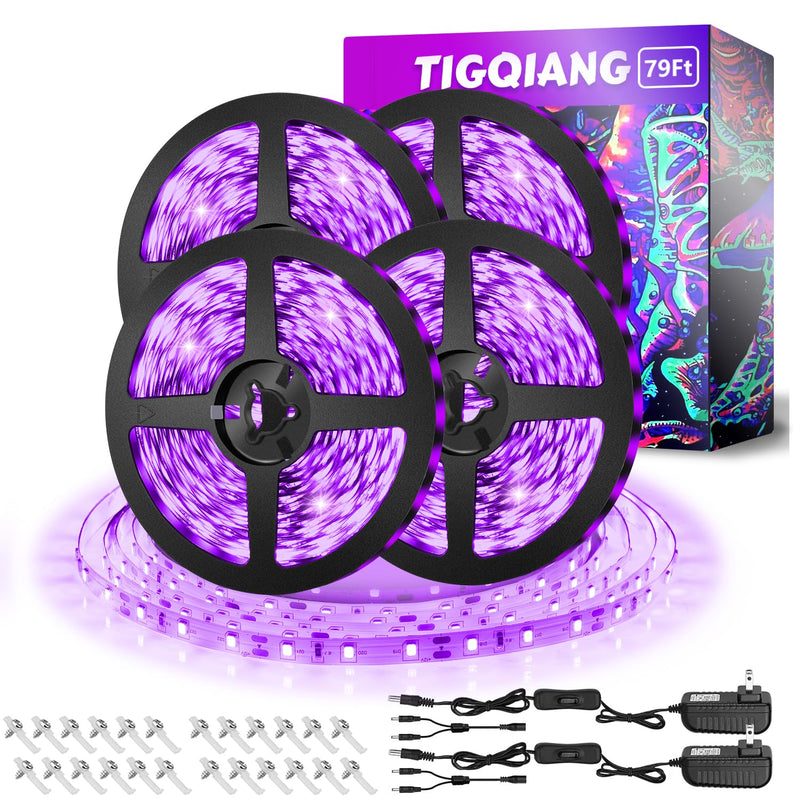 Black Light Strip, 79ft/24M Flexible LED Black Light with kit, 1440 Lamp Beads, 12V Black Light, Halloween Christmas Decoration, Non-Waterproof for Fluorescent Dance, Birthday, Glow Party