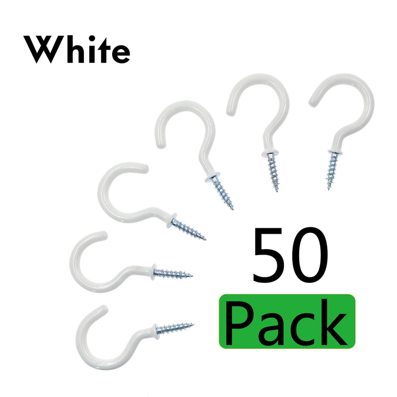 50Pcs 1-Inch Cup Hooks Ceiling Hooks, Plastic-Covered Metal Screw-in Hooks, White 1 Inch