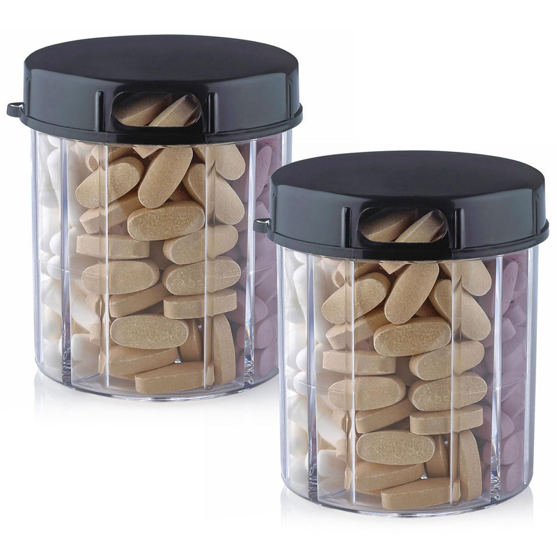 Round Pill Organizer Dispenser - Pack of 2 - Pill Boxes with 4 Compartments for Medication, Vitamins & Supplements Bottle Daily Pill Case Reminder Box, (Black and Clear) 2 Count (Pack of 1) Black & Clear