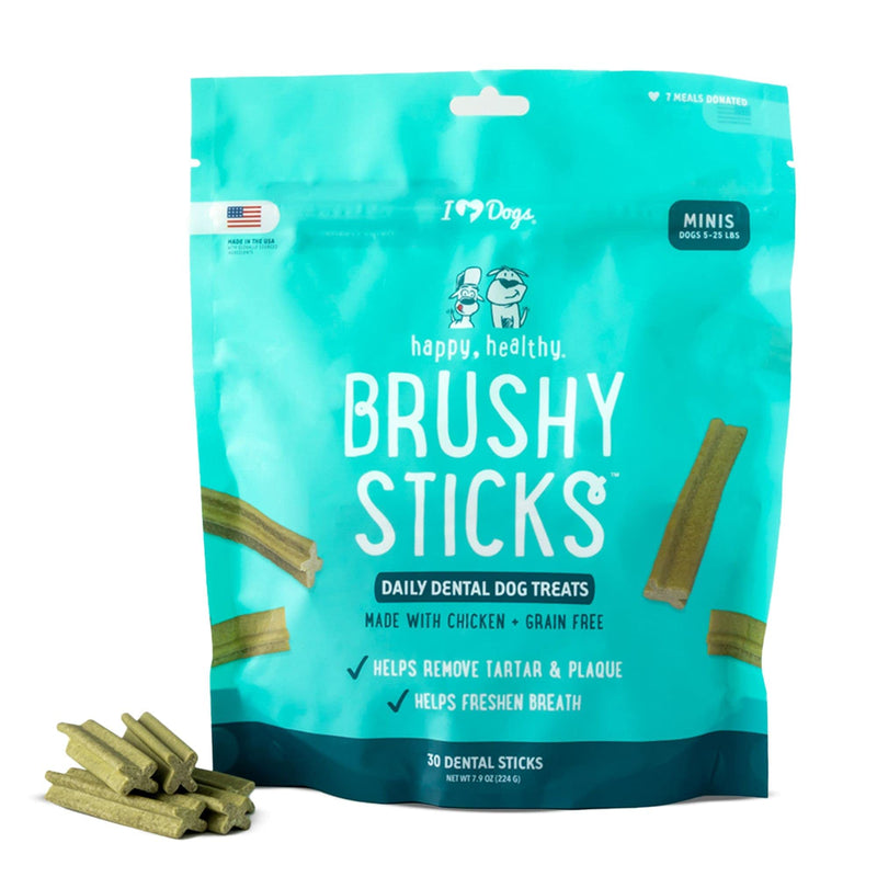 iHeartDogs Brushy Sticks - Dental Treats for Dogs Removes Plaque and Tartar Buildup - Grain-Free Dog Teeth Cleaning Chews Made with Chicken - 30 Mini Sticks 7.9 Ounce (Pack of 1) - PawsPlanet Australia