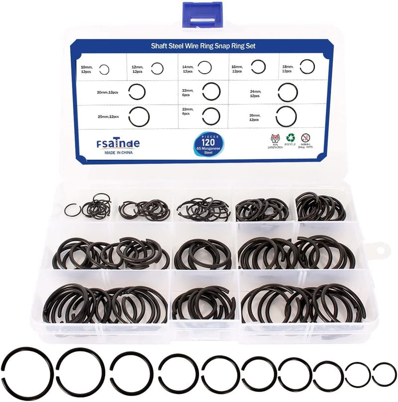 Fasttend GB895.2 Φ10-Φ26 Retainer Clip 65Mn Shaft Steel Wire Ring Snap Ring Set,Bearing Stop Ring Assortment Kit,Round Wire Snap Rings for Shafts,120Pcs Wire Ring Snap Ring Set-120pcs
