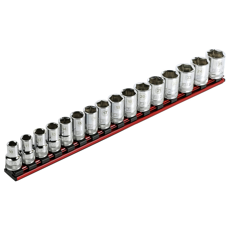 ARES 60129-1/2-Inch Drive Magnetic Socket Organizer - Aluminum Rail Stores up to 16 Sockets and Keeps Your Tool Box Organized Red 1/2-Inch Drive 16.5-Inch Magnetic Socket Rail