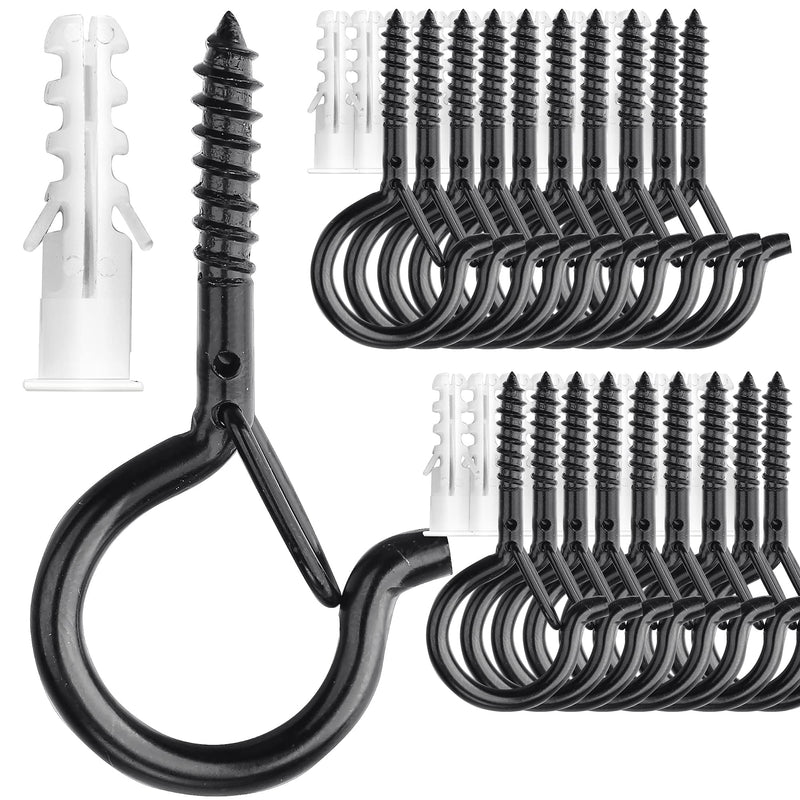 PlusRoc 20 Pack Screw Hooks for Outdoor String Lights, Heavy Duty 2.2 Inch Black Eye Hook Cup Hook Q-Hanger for Hanging, Wall Wood Ceiling Deck Mount