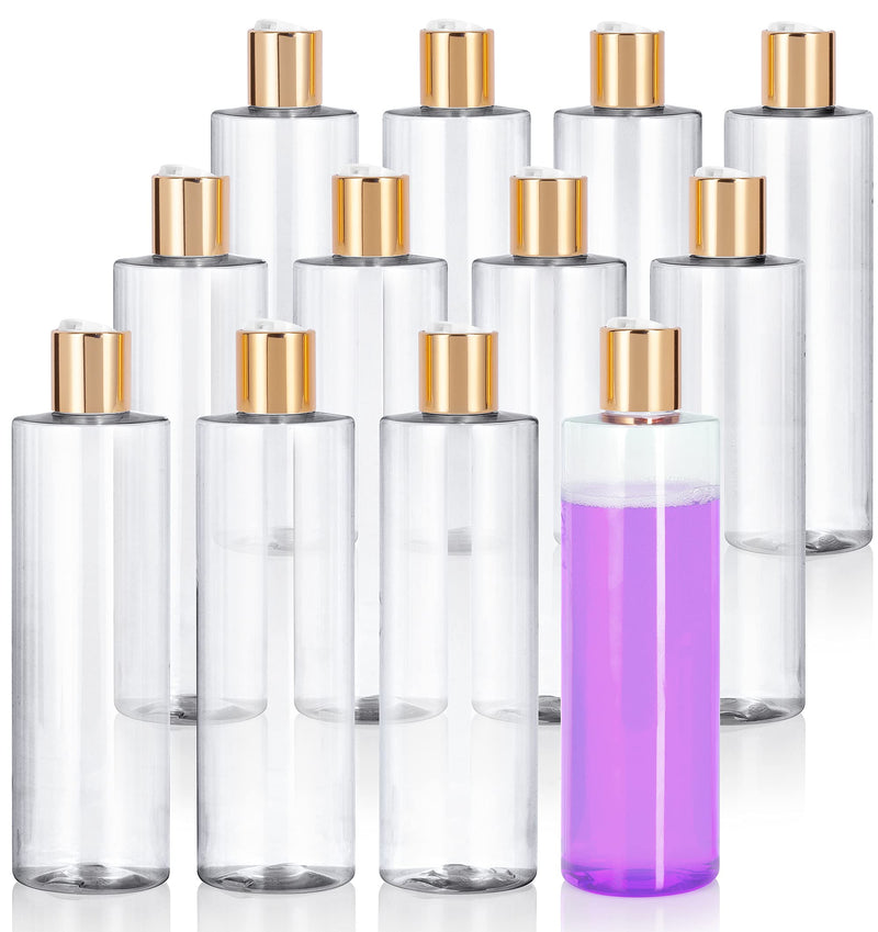 JUVITUS Clear 12 oz Professional Cylinder PET Plastic Bottles (BPA Free) (12 Pack, Gold Disc Cap) 12 Pack