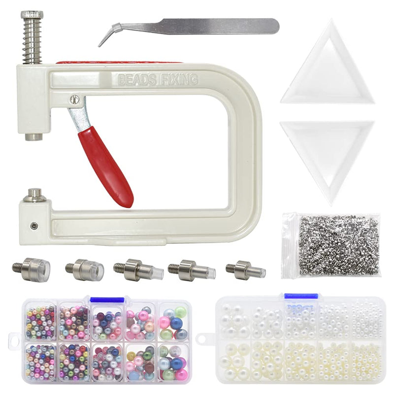 Pearl Setting Hand Press Machine Tools with 2 Boxes of 5 Sizes Colorful no Holes Round Pearls Beads and Rivet Studs, Screw Heads Tweezers for DIY Crafts white/beige/blue/green/yellow