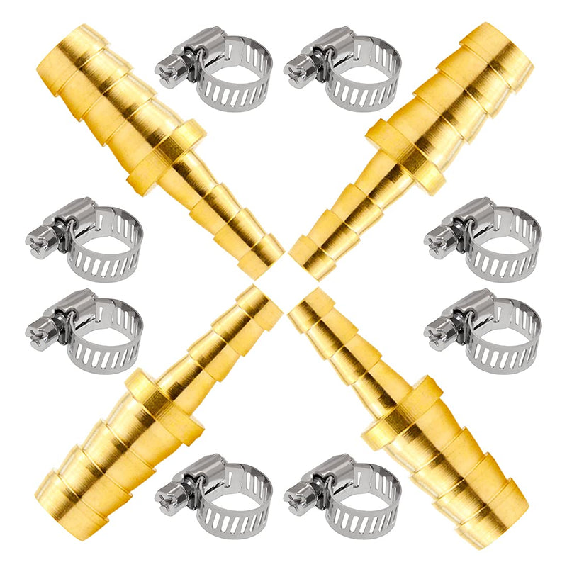 Beduan Brass Hose Barb Reducer, 5/8" to 1/2" Barb Hose ID, Reducing Barb Brabed Fitting Splicer Mender Union Air Water Fuel With 8 Hose Clamp(Pack of 4) 5/8-1/2 Add Clamp