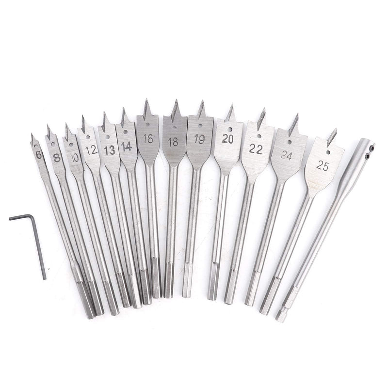 15-Piece Spade Drill Bit Sets, 6‑25mm Paddle Flat Bit with 1/4'' Quick Change Shank & 6'' Drill Bit Extension for Hole Cutter Woodworking
