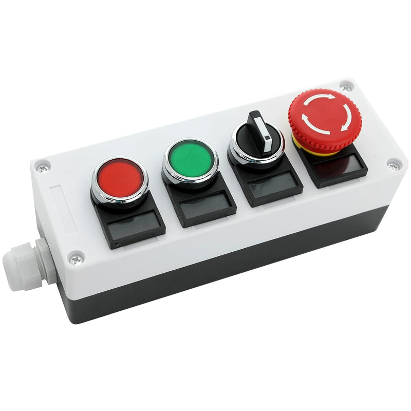 22mm Control Station Box Set – Momentary Push Button Switches (Red & Green), 2-Position Rotary Switch & Emergency Stop Button 1 Pack