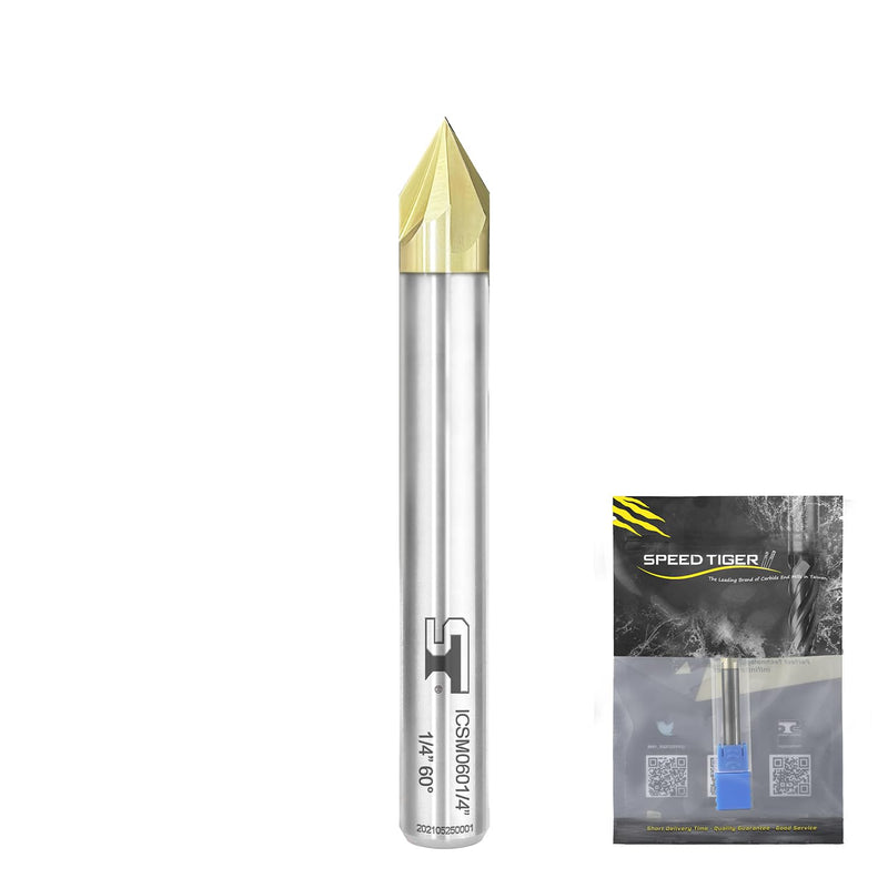 SPEED TIGER Chamfer End Mill - CNC Carving Bits, V Groove, 60 Degree, ICSM1/4 Shank 2" OVL (1 Piece, 1/4" 60°) - for Wood, Alloy Steels, Hardened Steels – Mill Bits Sets for DIYers & Professionals 1/4" 60°