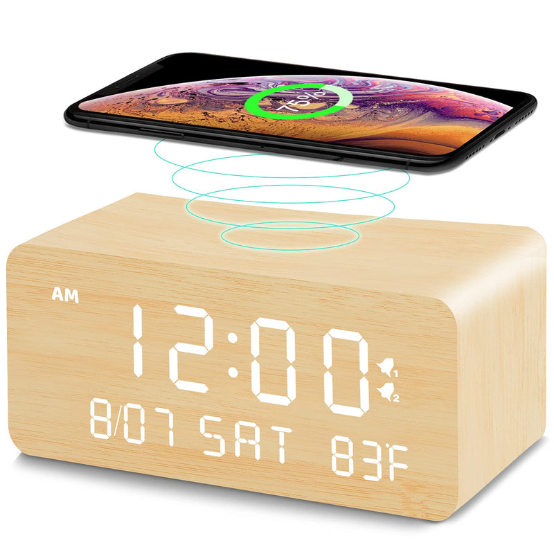 Andoolex Wooden Digital Alarm Clock with Wireless Charging, 0-100% Adjustable Brightness Dimmer and Alarm Volume, Weekday/Weekend Mode, Dual Alarm, Snooze, 12/24H, Wood LED Clock for Bedroom (Bamboo) Bamboo