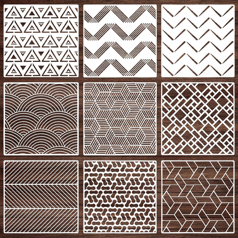 9 Pieces Tile Stencil Set Geometric Wall Stencil Modern Wall Stencil Modern Geometric Tile Template Reusable Wall Template Plastic Drawing Stencils for Ceramic Tile Wood Wall Home Decor (12 x 12 Inch)